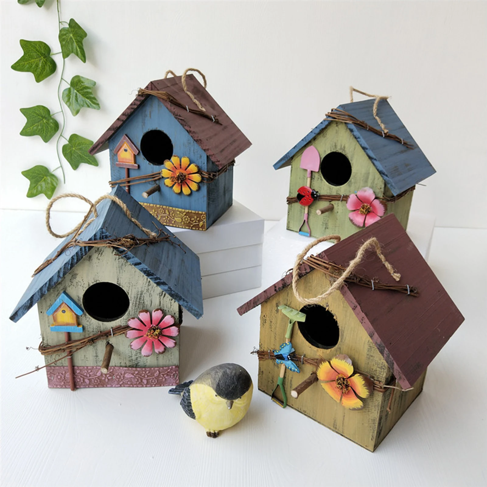 Hand-paint Wooden Bird House Nest Hanging Decorative Birdhouses Garden Decor