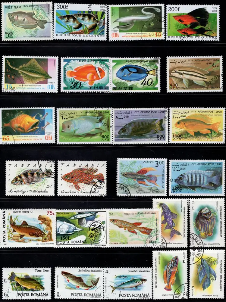 50Pcs/Lot Fish Stamp Topic All Different From Many Countries NO Repeat Postage Stamps with Post Mark for Collecting