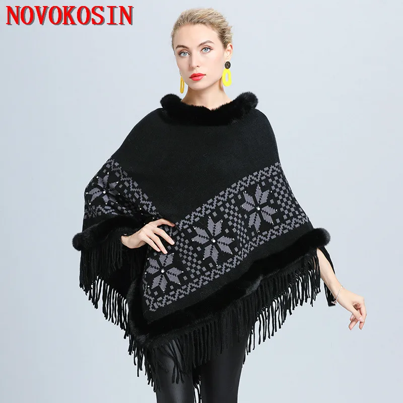 6 Color Fur Neck Warm Beading Floral Coat Overize Triangle Knitted Poncho Women Cape Big Pendulum Jacquard Weave Tassel Pullover