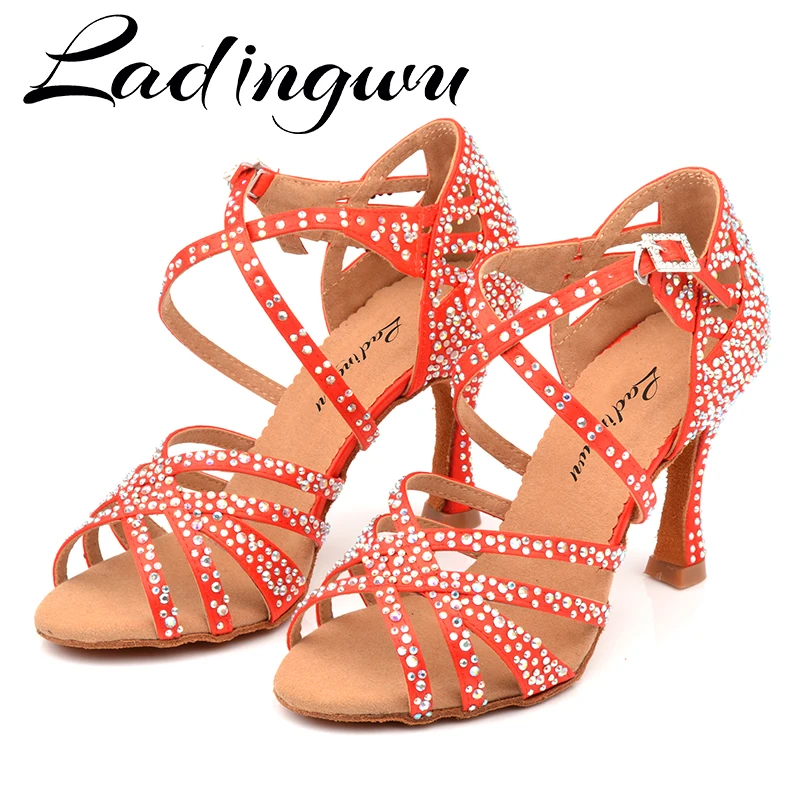 Ladingwu Dance Shoes Satin Women Party Shining Rhinestones Soft Bottom Latin Dance Shoes Woman Salsa Dance Shoes Heel 6CM-10CM