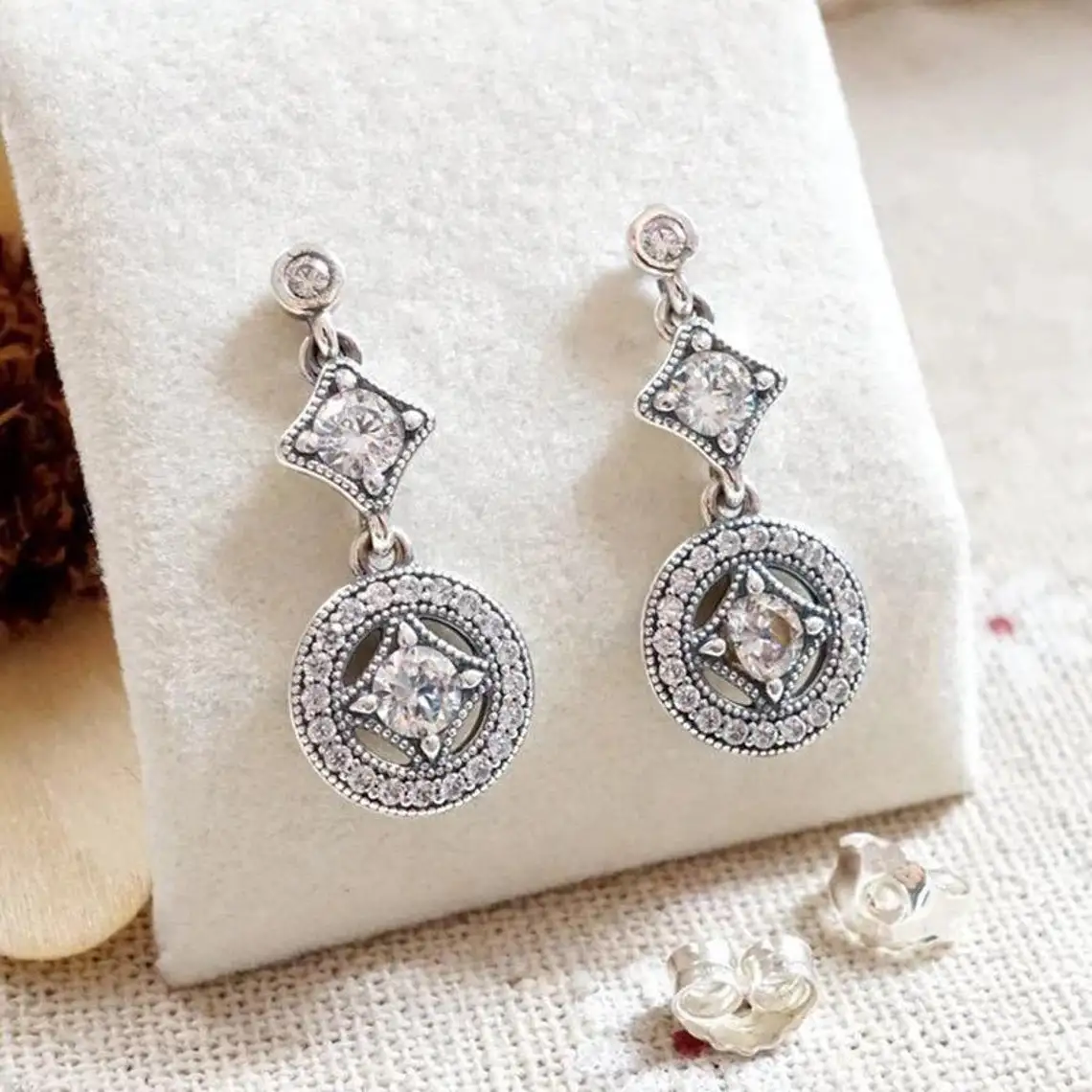 

925 Sterling Silver Vintage Allure With Clear CZ Fashion Dangle Earrings Fits All European Pandora Jewelry For Women