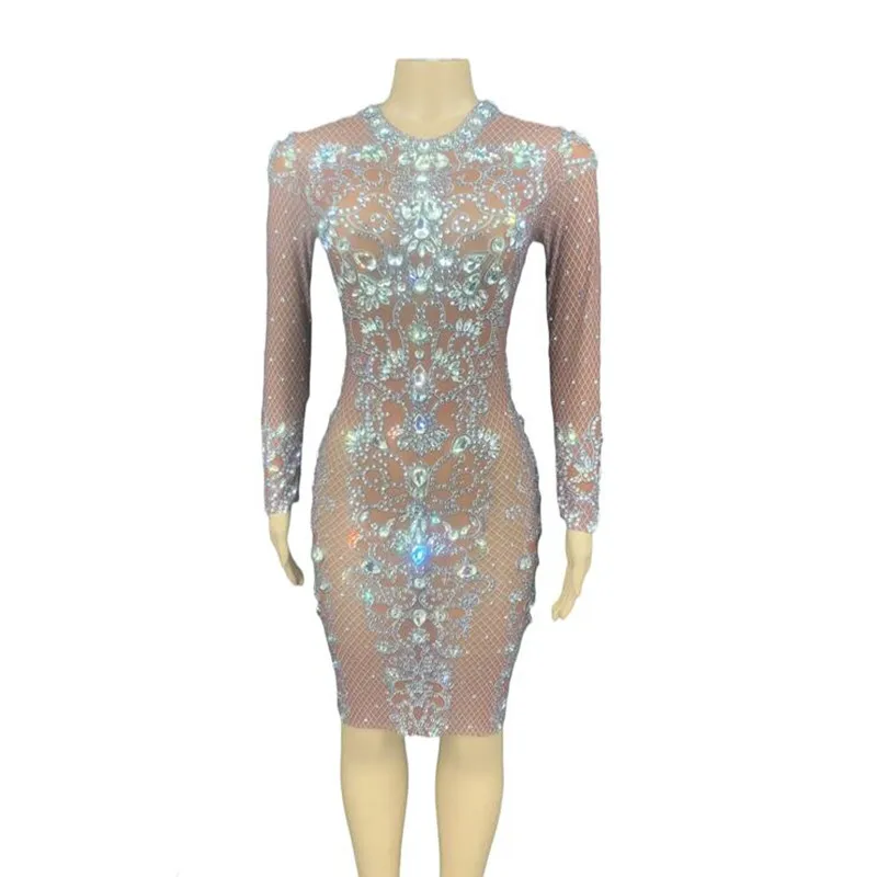 

New Nude See Through Mesh Silver Crystals Dress Women Sexy Birthday Celebrate Transparent Long sleeve Prom Sexy Stones Costume