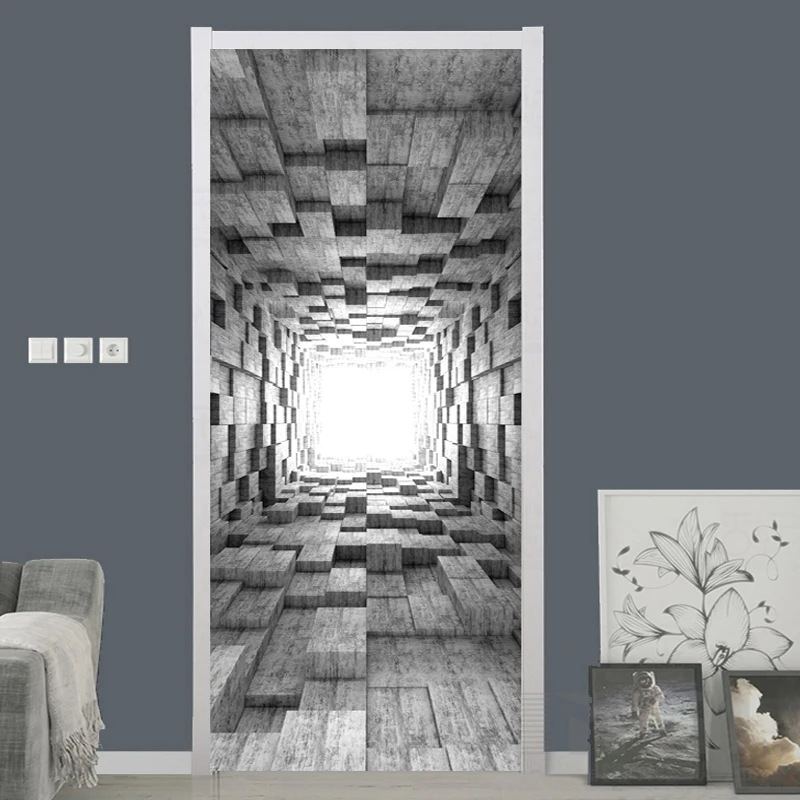 Papel Mural Adhesivo Waterproof 3D Wall Door Sticker Modern Creative Stereo Space Cement Geometric Vinyl Murals 3D Home Design