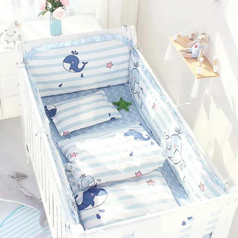 5pcs Crib Bumpers 100% Cotton Cartoon Print Children's Cot Protector Infant Baby Bedding Kids Bedding Set Room Decor