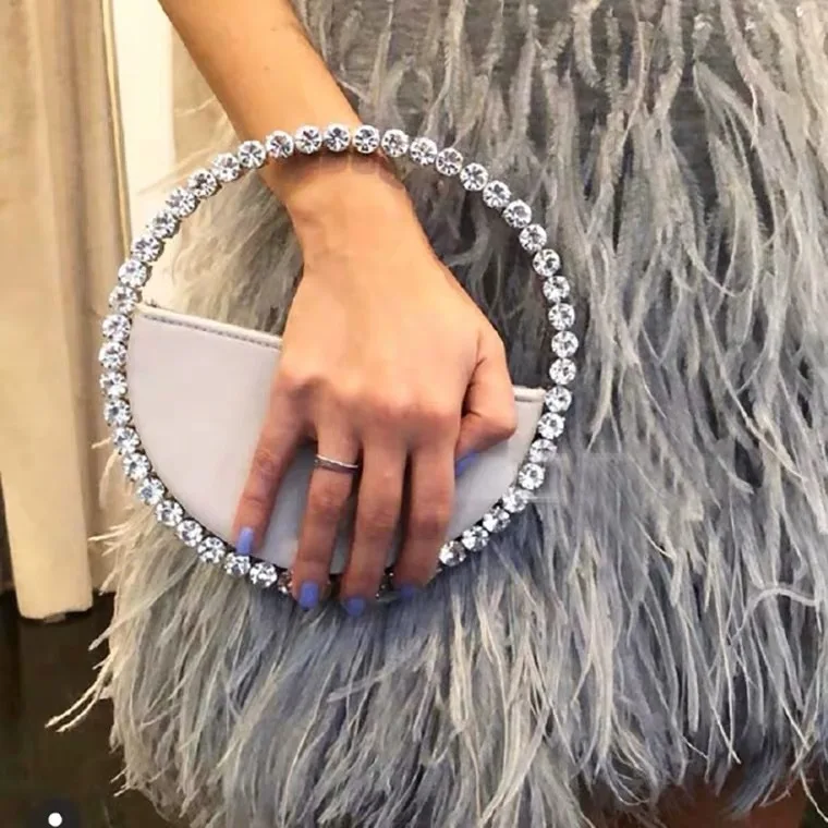 Bolso de noche Circular con diamantes de imitación para mujer, cartera de mano con asa redonda, media luna, 2020