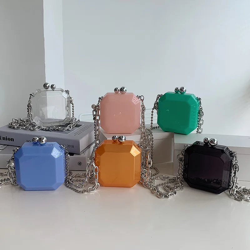 Clear Acrylic Box Mini Handbag Women Transparent Thick Chain Shoulder Crossbody Bags Travel Jelly Bag Women Clear Lipstick Purse