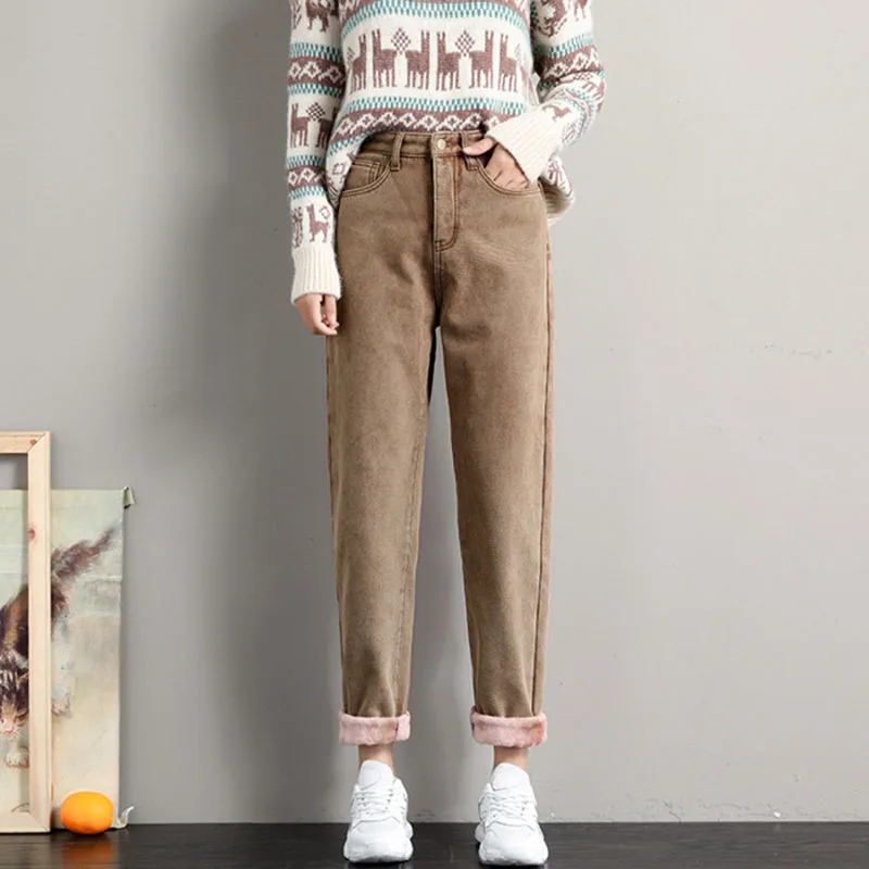 Jeans plus velvet thickening loose winter trend personality straight high waist harem pants winter warm daddy pants