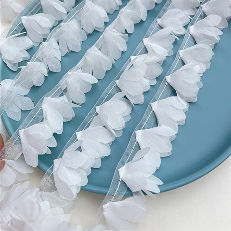 Nice White 3d Chiffon Flowers Ruffle Trim Ribbon Organza Dress Collar Embroidery Lace Applique Diy Sewing Supply Fabric Dentelle