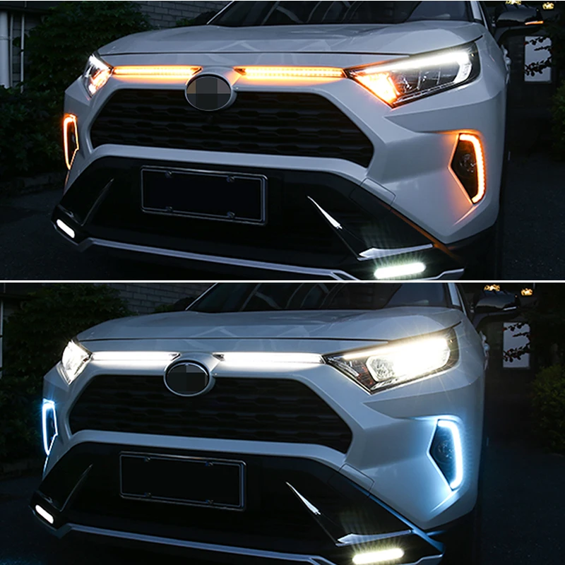 Dynamic Sequential Amber Turn Signal Light White DRL LED Headlights Grille Light w/ Wiring Harness For 2019-2021 Toyota RAV4 12V