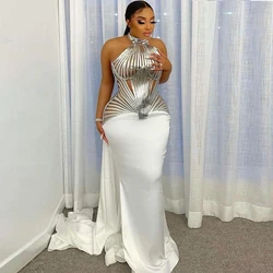 Arabic Aso Ebi White Mermaid Prom Dresses Halter Sleeveless Plus Size Evening Gowns Satin Sweep Train Formal Party Dress 2022