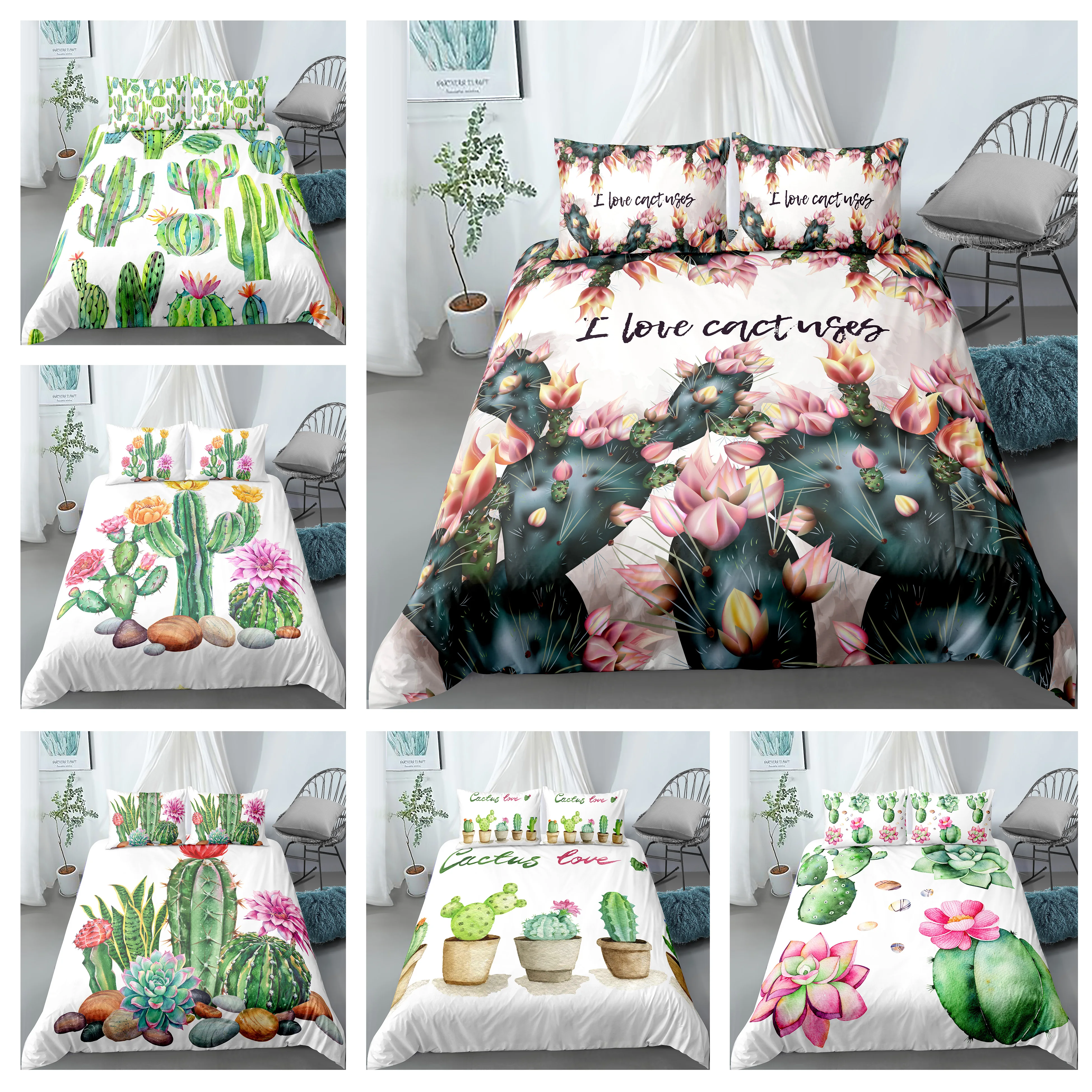 

Fashion Plant Printed Cactus Succulents Bedding Sets Home Decoration Quilt Duvet Cover Pillowcase Drop Shipping