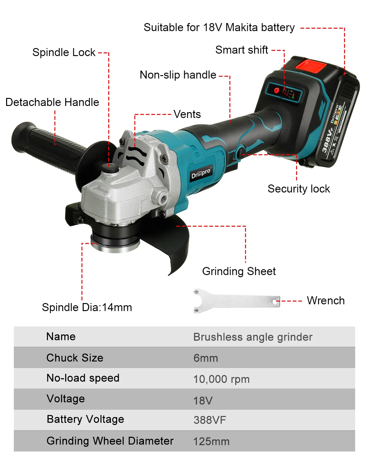 Drillpro 125mm Brushless Angle Grinder 3 Gears Variable Angle Grinder Accessories Woodworking Power Tool For Makita 18V Battery