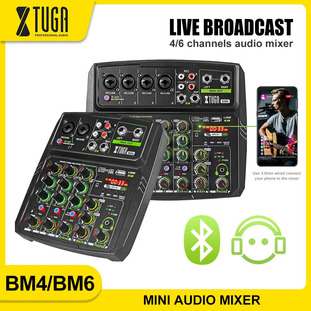 Xtuga-console de áudio dj, com função de transmissão ao vivo, bluetooth, monitoramento, usb para gravação em pc, transmissão ao vivo, telefone celular