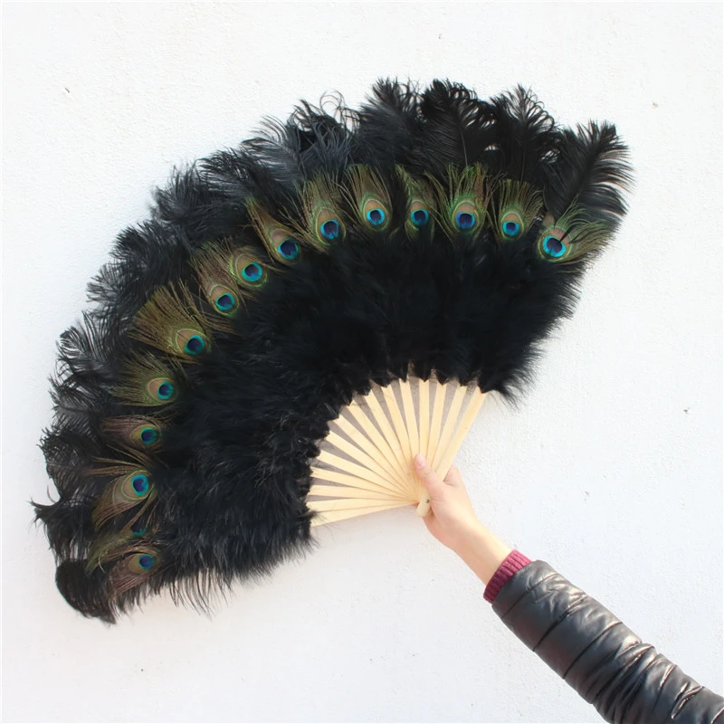 1pcs/lot High Quality Black Ostrich Feathers Fan Celebration Party Wedding Dance Performance Props 15 Bone Peacock Feathers Fan