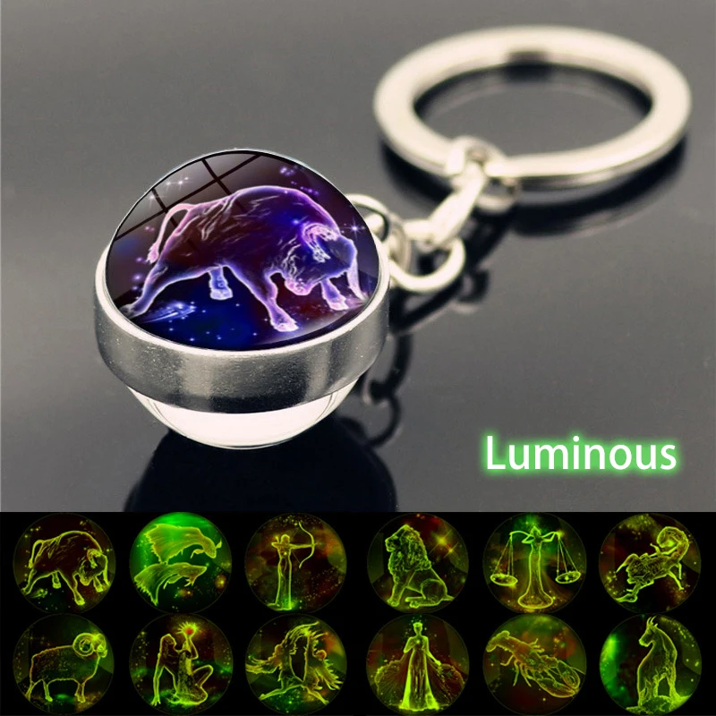 12 Constellation Luminous Keychain Glass Ball Pendant Zodiac Keychain Glow In The Dark Key Chain Holder Men Women Birthday Gift