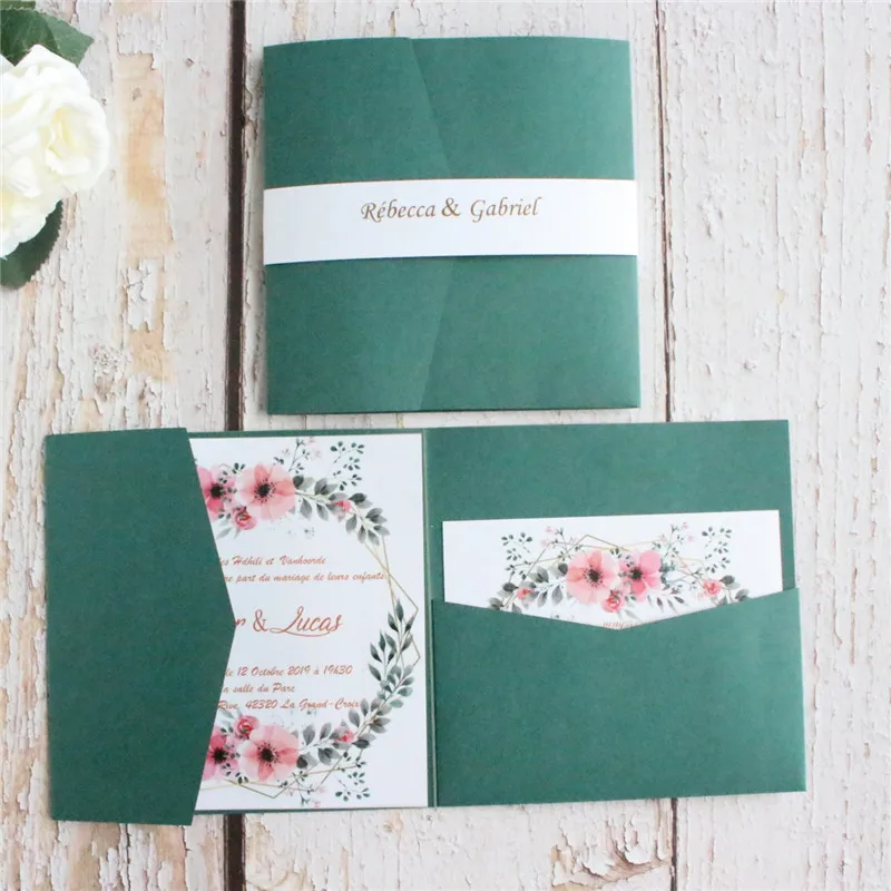 

Wedding Invitations Tri-Fold Pocket Dark Green Matte Paper Customized Insert Cards & Belly Band Printing Party Decorations