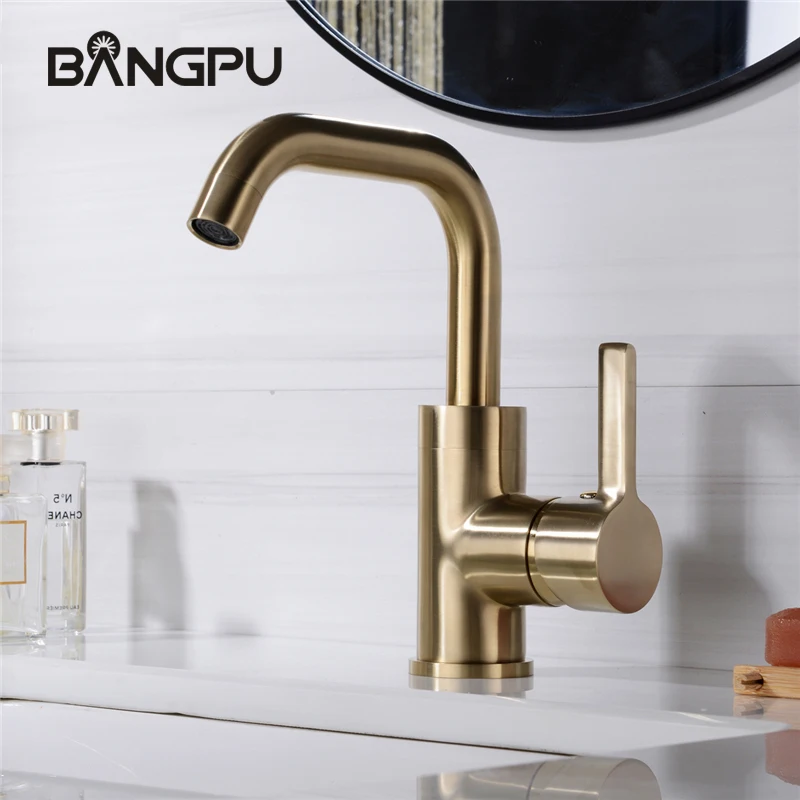 

BANGPU Brushed Gold Bathroom Sink Faucet 360 Degree Rotatable Basin Faucet Deck Mounted Single Handle Bathroom Faucet 1 Hole