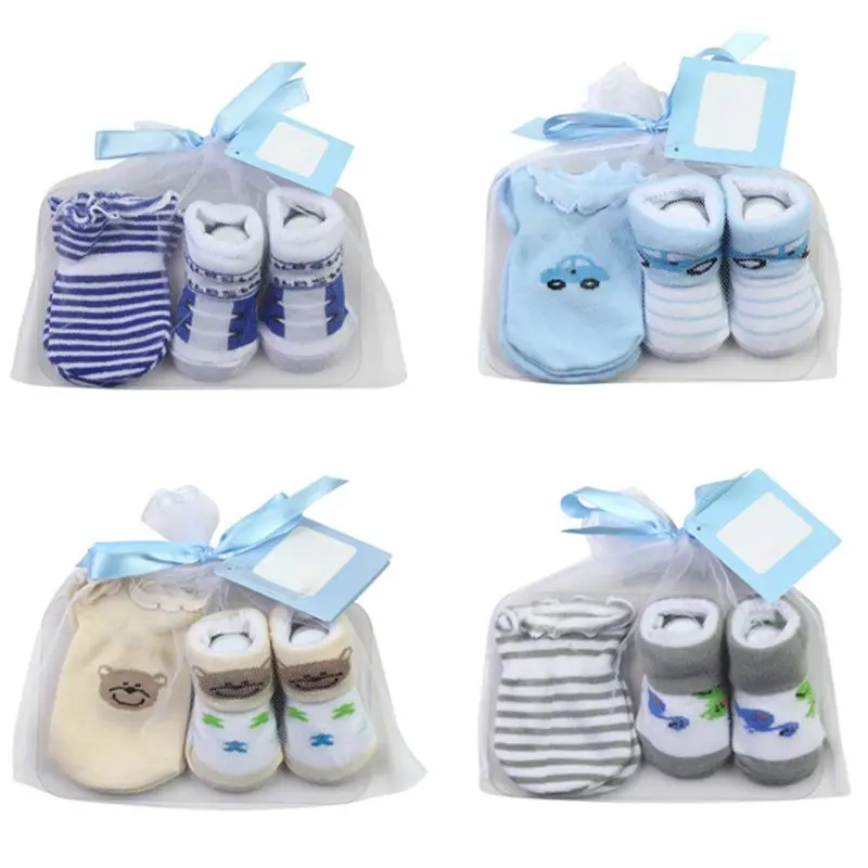 1 Bag Baby Socks + Anti-scratch Gloves +Hat Set Cute Cartoon Newborn Girls Boys 100 Days/1 Month Party Gift