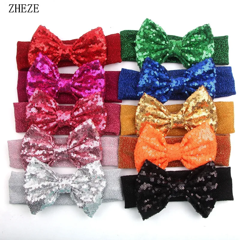 1PC Retail Glitter Girls Elastic Hairband For Children 5"Sequins Hair Bow Headband Kids Turban Hair Accessories