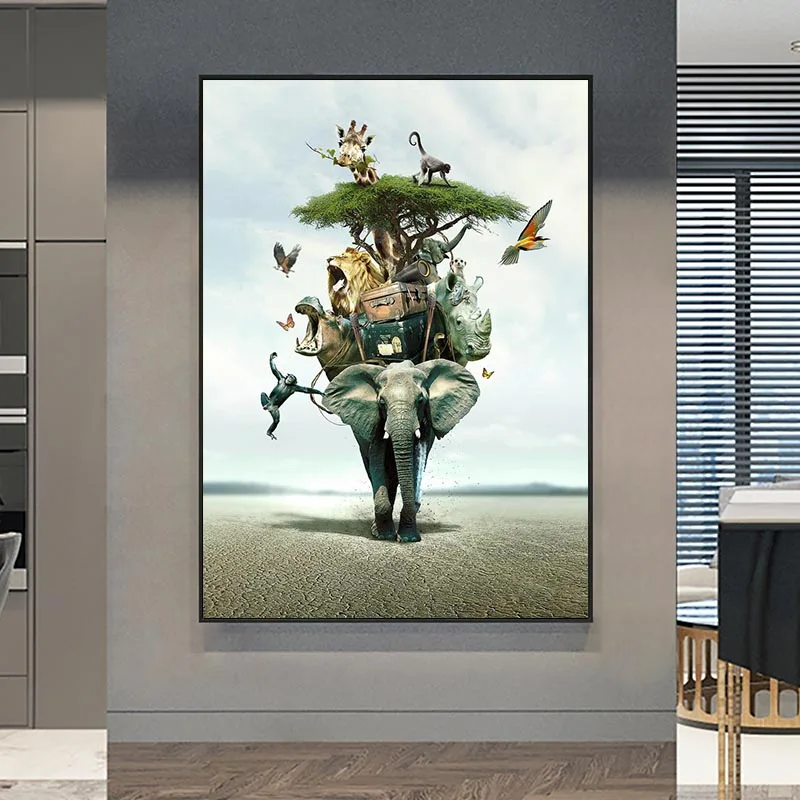 

Lion Giraffe Elephant Poster Cartoon Canvas Painting Sea Travel Art Print Nordic Poster Nursery Prints Picture living Room Decor