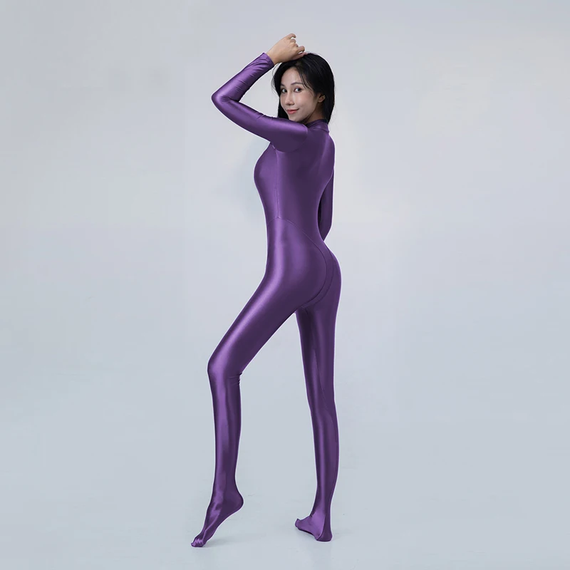 Sexy cerniera anteriore collant olio lucido liscio costume intero donna Yoga tutina tute catsuit tuta muta Plus Size uomo