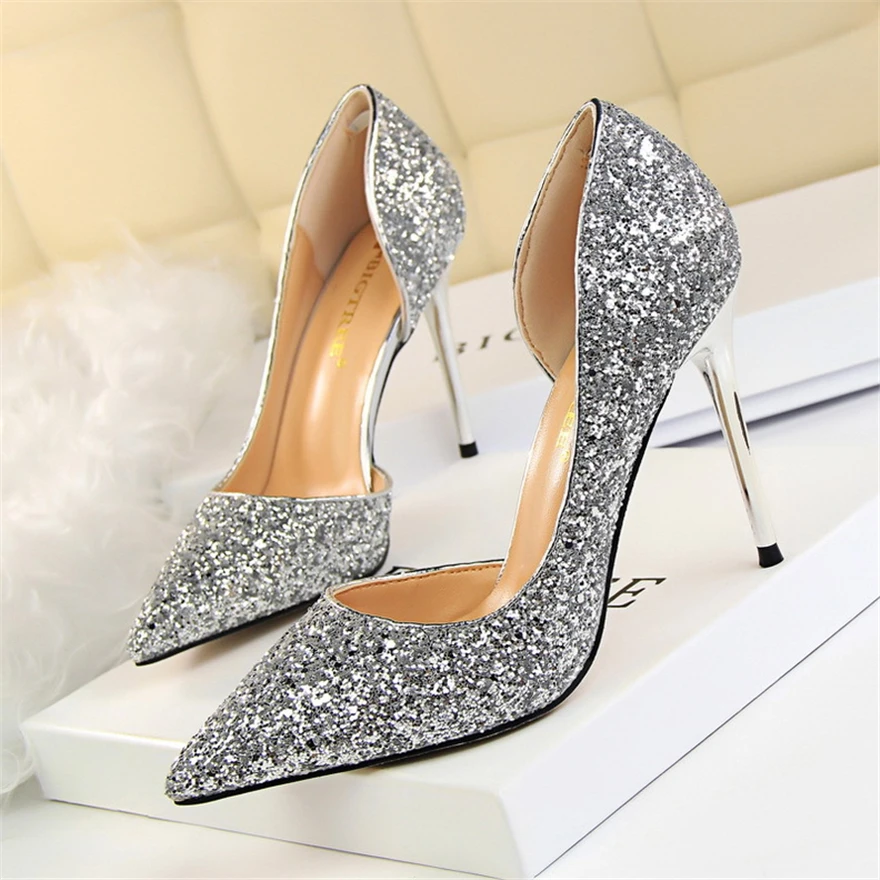 2024 Autumn New Wedding Women Pumps Fashion Plus Size 43 Sequined Cloth Side Hollow High Heels Shoes Ladies Slip On Dress Party