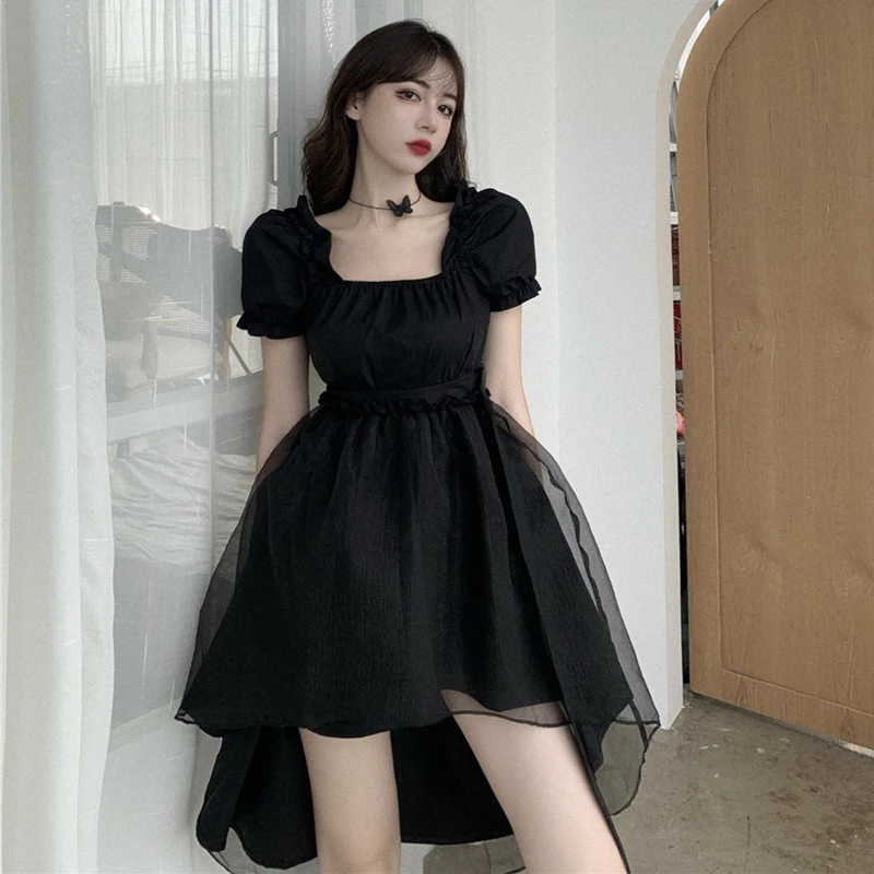 Giapponese Delle Donne di Nero Vestito Gothic Lolita Vintage Vittoriano Ragazza Puff Manica Corta Organza Maglia Del Collare Del Quadrato A-Line Punk Abiti