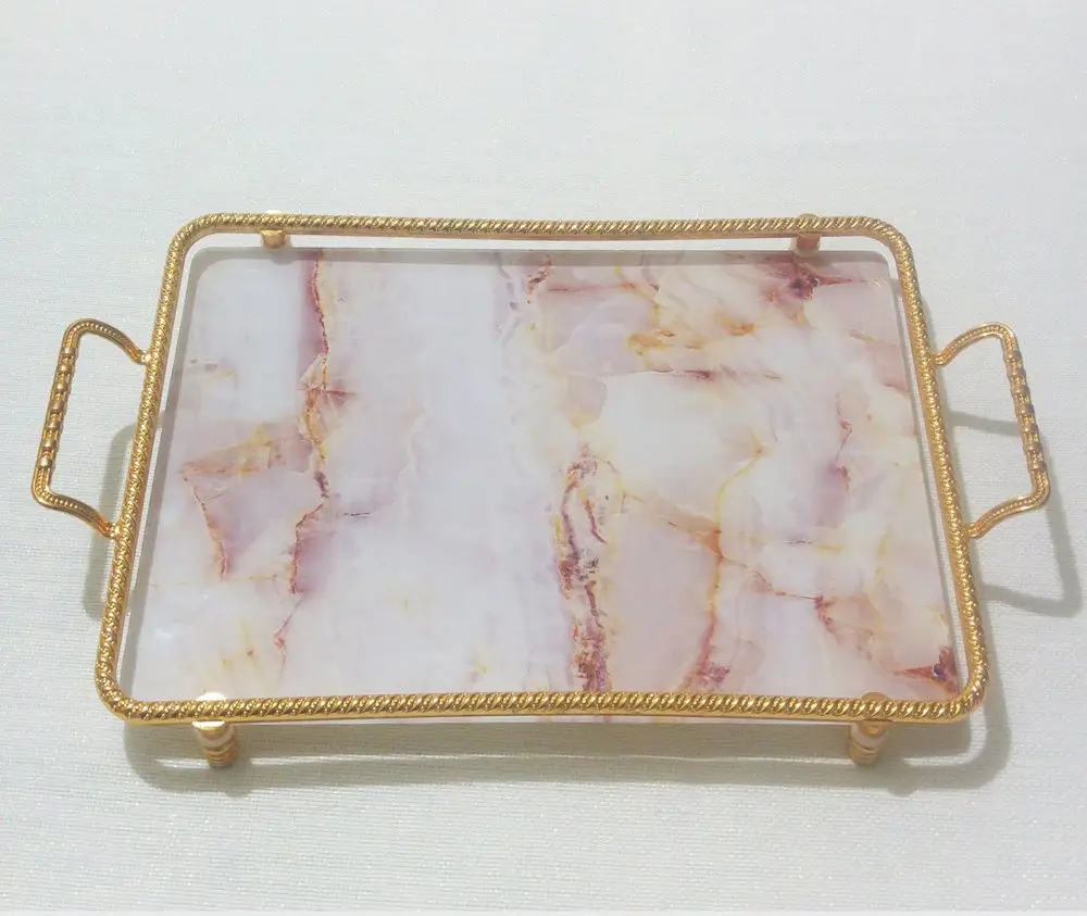 DOLBOVI Medium Size Gold White Marble Patterned Glass Marbled tray 35*21 * h5 cm tray поднос plateau de service