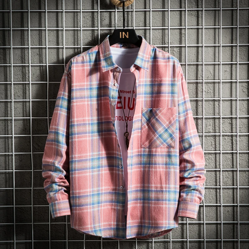 Men\'s Clothing Fashion Cotton Shirts Single Pocket Long Sleeve Youthful Soft Casual Plaid Checkered Top Male Shirts for men