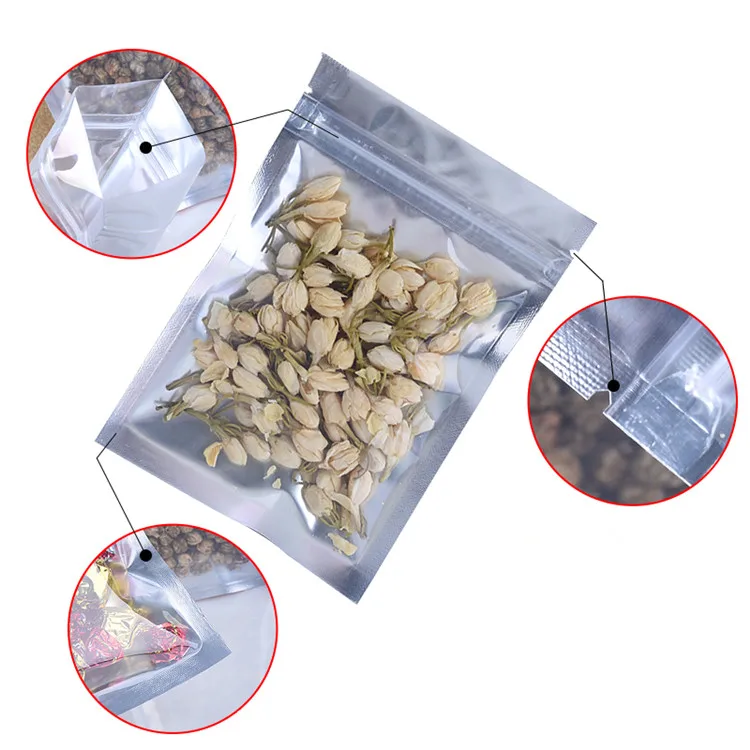 100PCS Flat Clear Front Aluminum Foil Ziplock Bag Snack Coffee Beans Dried Fruit Beaf Dates Sugar Candy Biscuit Storage Pouches