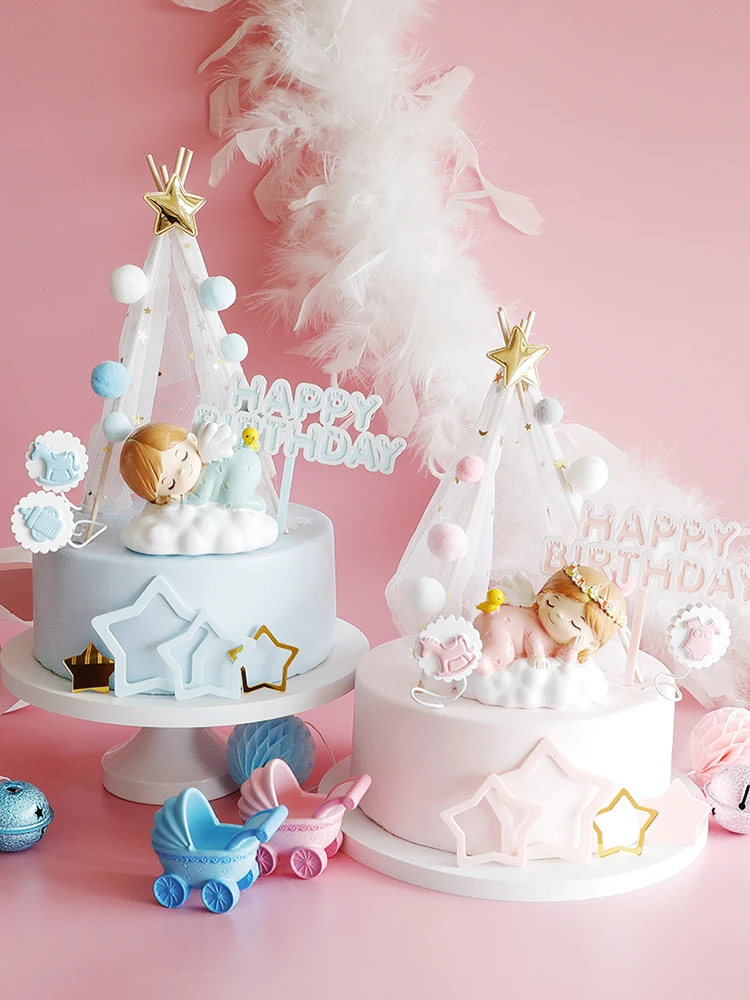 

Cute Angel Wing tent Cake Topper For Baby Shower Kids Happy Birthday Party Decoration Supplies Wedding Dessert Cake Decor Tools