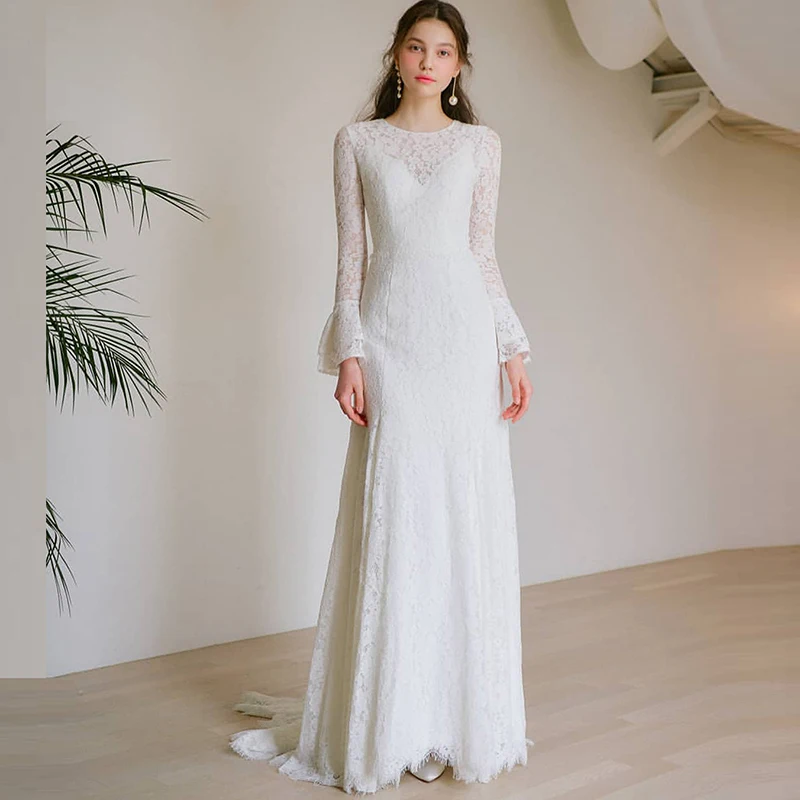 Wholesale Classic Ivory Lace Wedding Dresses Long Sleeve Bridal Gowns 2023 On Sale Jewel Neckline   Sweep Train