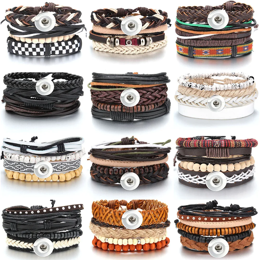 New Snap Bracelet Multilevel Braided Wrap Snap Bracelets for Men Vintage Leather Bracelet Fit 18mm Snap Button Ethnic Wristbands