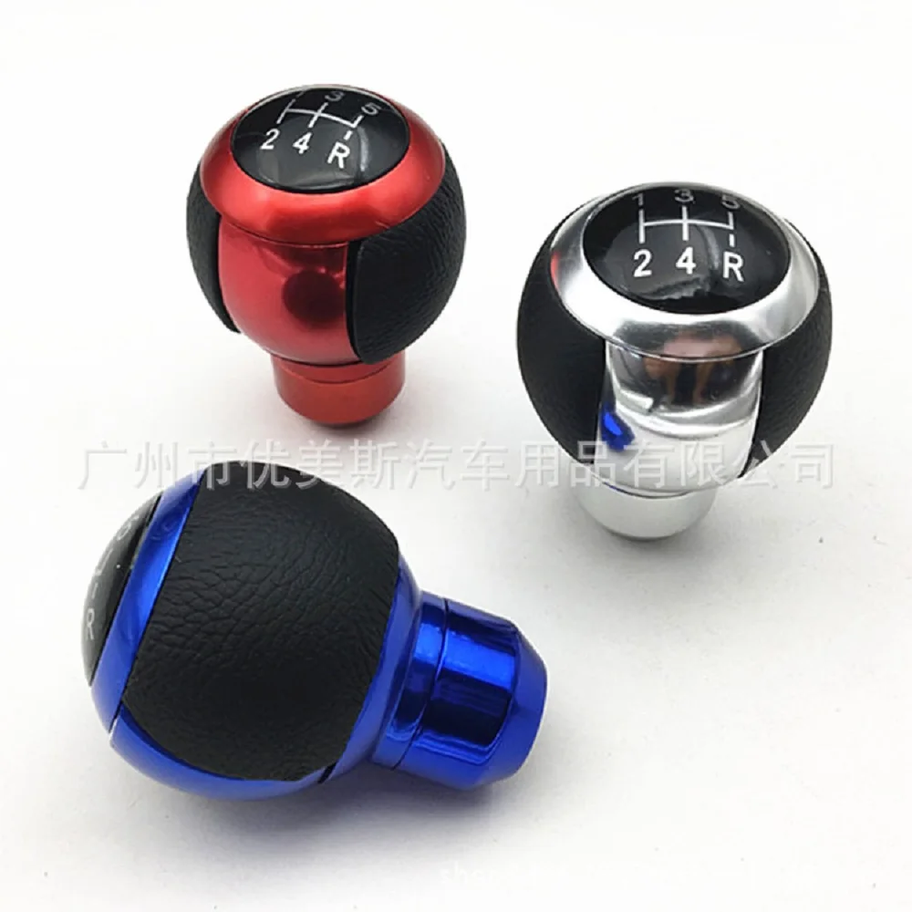 ユニバーサルカーギアシフトノブ,革,アルミニウム,赤いスティック,ヘッドに5スピード