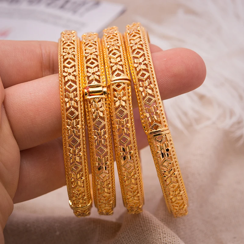 1Pcs 24K Dubai Bracelets Bangles women Girl Gold Color Bangle Flower Bangle Wedding Copper Bride Bangle Bijoux Femme