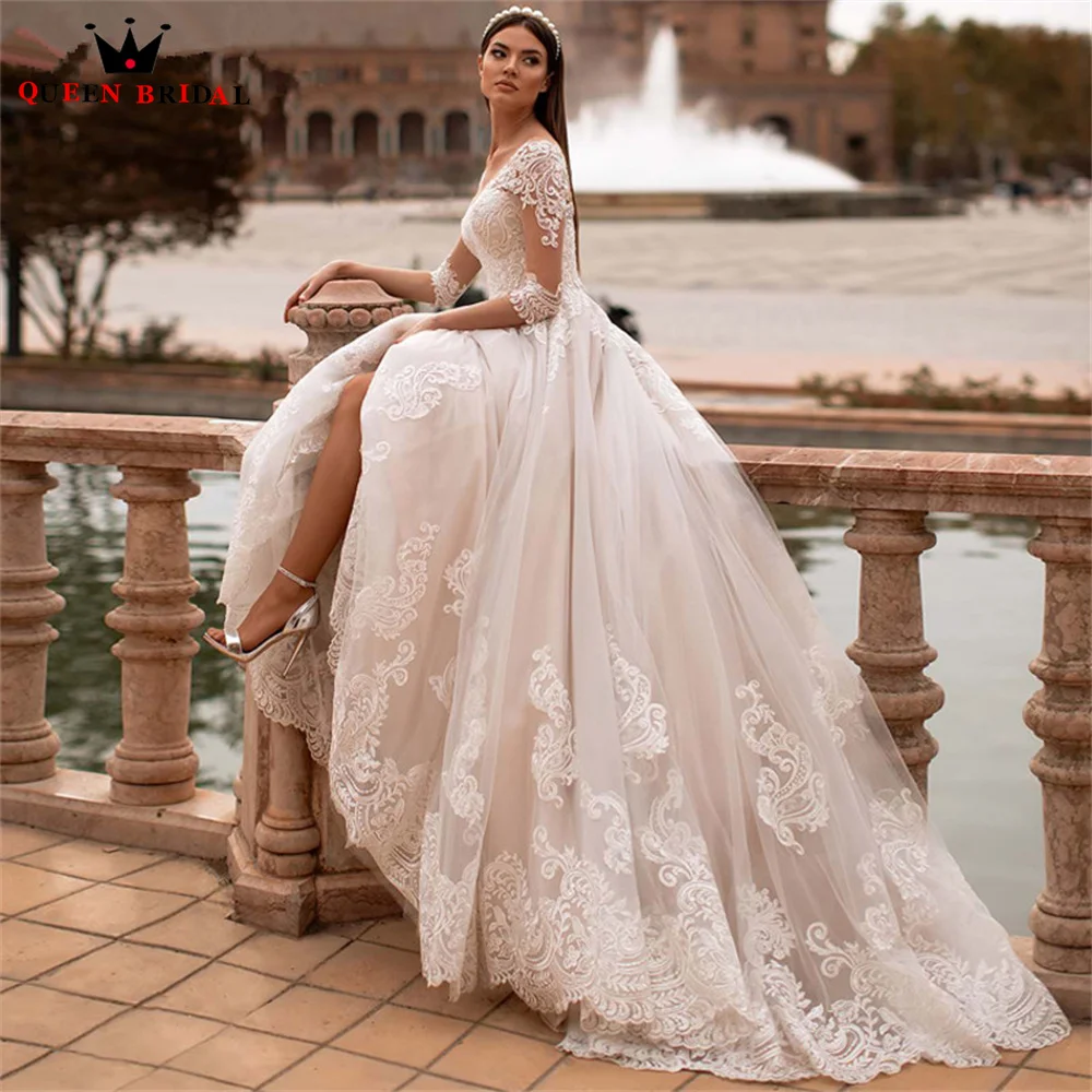 Elegant A-line Wedding Dresses 3 4 Sleeve Tulle Lace Appliques Formal Bridal Gown 2023 New Design Custom Made DS57