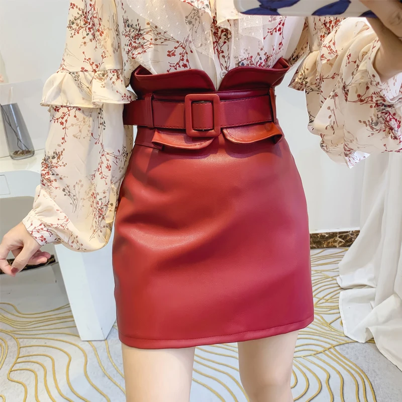 Hot Koop 2020 Fashion Sexy Hoge Taille Pu Leer Vrouwen Rok Sjerpen Potlood Mini Bodycon Vrouwelijke Lengte Herfst Winter Zwart rood