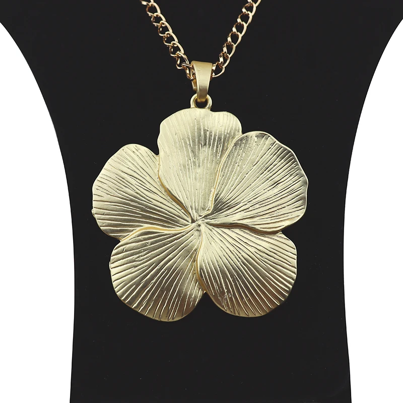 1 x Matt Gold Color Fashion Large Abstract Flower Metal Alloy Jewelry Pendant Necklaces on Long Link Chain Lagenlook 34