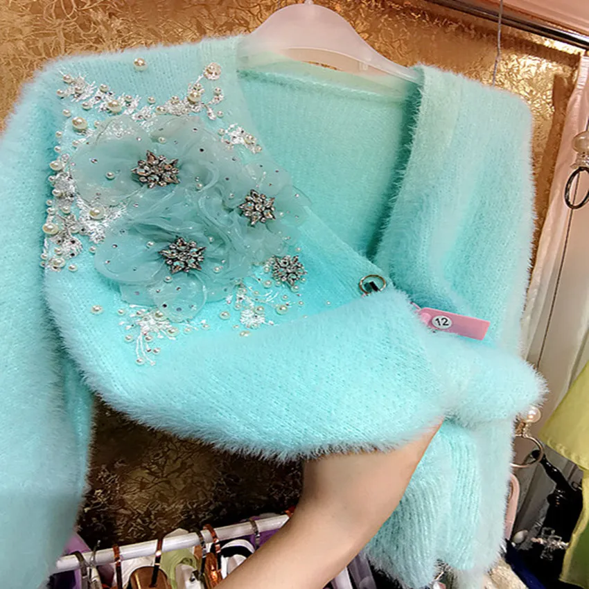 

New arrival winter rhinestones beautiful color cardigan sweater women luxury beaded warm outwear