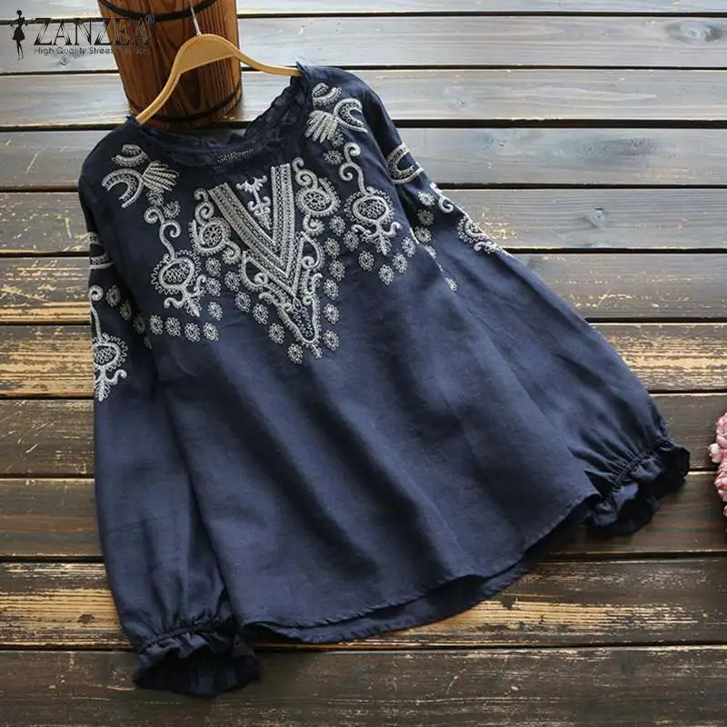 ZANZEA informal-Blusa de manga larga para mujer, camisa bordada con volantes, túnica con cuello redondo, Tops florales de gran tamaño, 2023