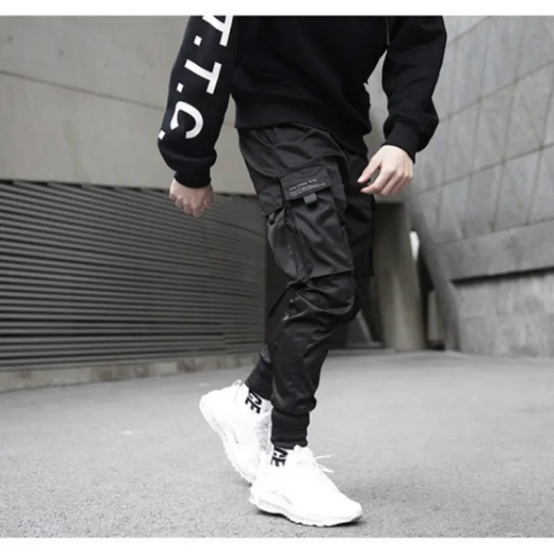 Prowow Men Ribbons Streetwear Cargo Pants Autumn Hip Hop Joggers Pants Overalls Black Fashions Baggy Pockets Trousers