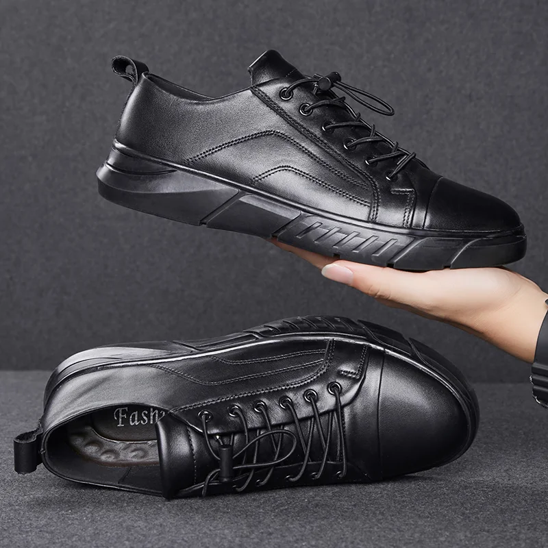 New 2019 High Quality Genuine Leather Shoes Men Flats Plus velvetMen\'s Casual Shoes Brand Man Soft Comfortable Lace up Black