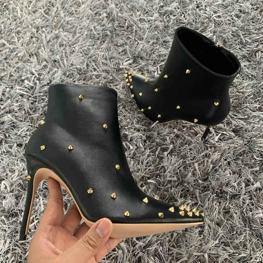 2020 Fashion Women Boots 10cm High Heels Rivets Ankle Boots Plus Size 42 Thin Heels Winter Boots Stiletto PU Leather Black Shoes