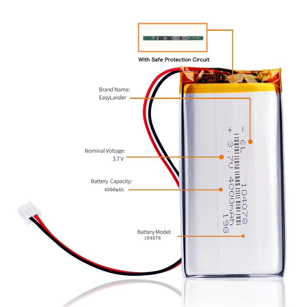 3.7V 104078 2.54 2p 4000mah Rechargeable Lithium Li-ion Polymer Battery
