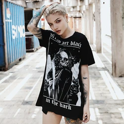 sunfiz YF Gothic Black Women O-Neck Short Sleeve Letter Skull Cat Printing Long T-shirt 2020 Summer Goth Punk Female Loose Tops