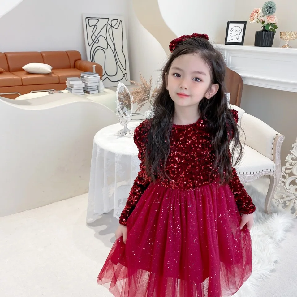 Summer Girl Dresses Glitter Sequin Children Clothes Baby Kids Princess Dress Party Birthday Gift Christmas Red Lace Tutu