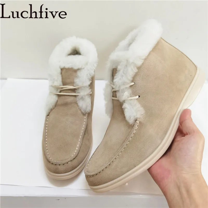 Top-level Comfort Winter Ankle Boots for Woman Real Wool Lace up Snow Boots Nude Grey Suede Leather Warm Fur Boots Woman