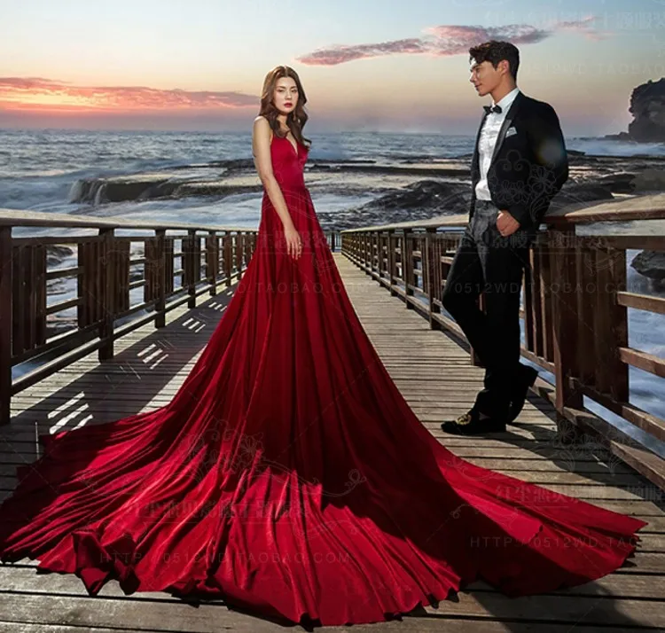 Sexy Evening Dresses With Long Train Vestido Longos Dark Red Prom Wear 2023 Robe De Soiree High Slit Formal Gown Photography