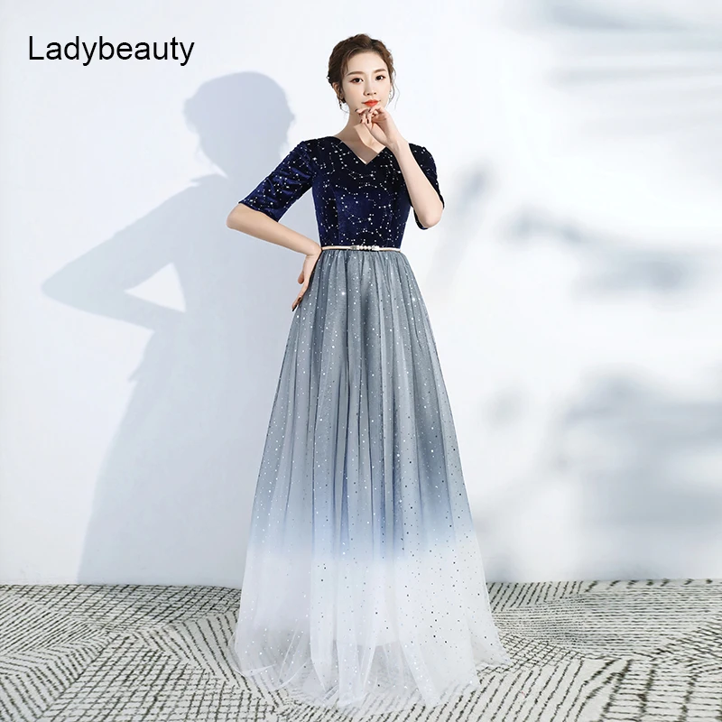 Ladybeauty Elegant Velour Evening Dresses Long Ever Pretty Double V-Neck Short Sleeve Sparkle Dusty Blue Evening Gowns