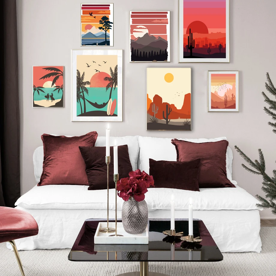 Abstract Mountain Sun Tree Cactus Bird Couple Wall Art Canvas Painting Nordic Poster And Prints Wall Pictures For Living Room